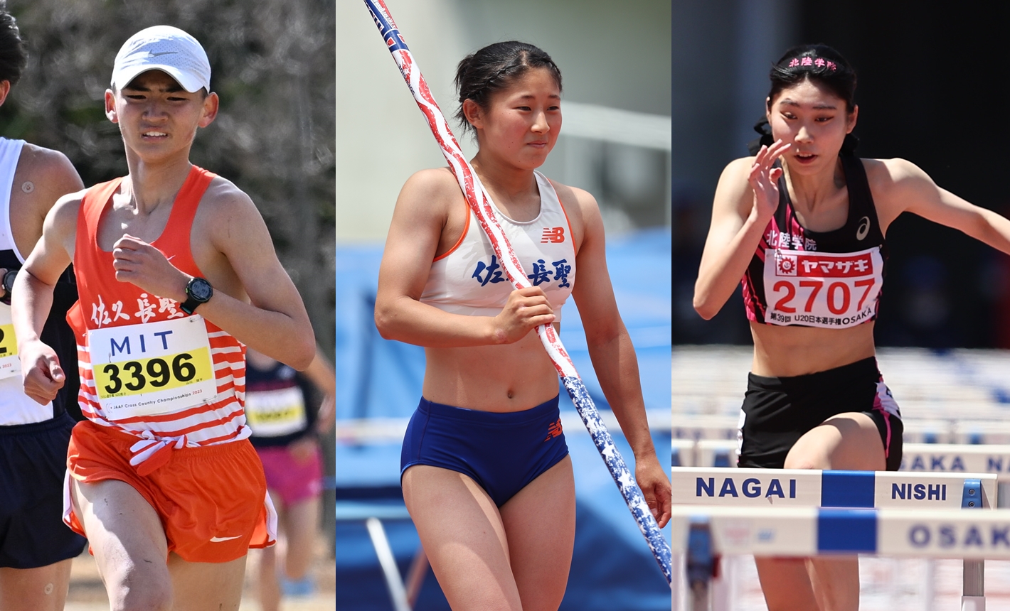 左から佐久長聖高の山口と岡田、U20日本選手権の女子100mHで４位入賞の小寺（写真／上野弘明、毛受亮介）