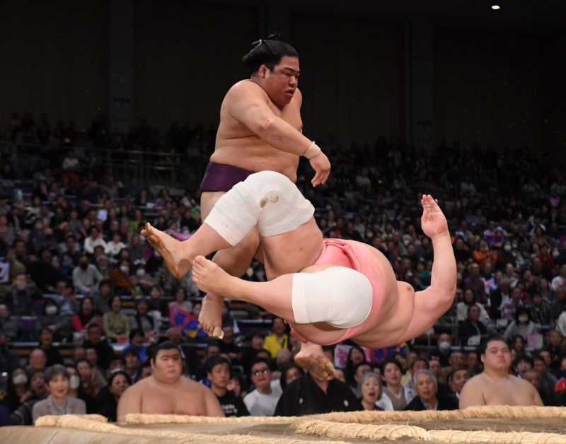 二番目の相撲は、宇良が半回転して背中から落ち、平戸海は土俵の外に大きく飛び退る形に。これも同体と見られて再度取り直しに