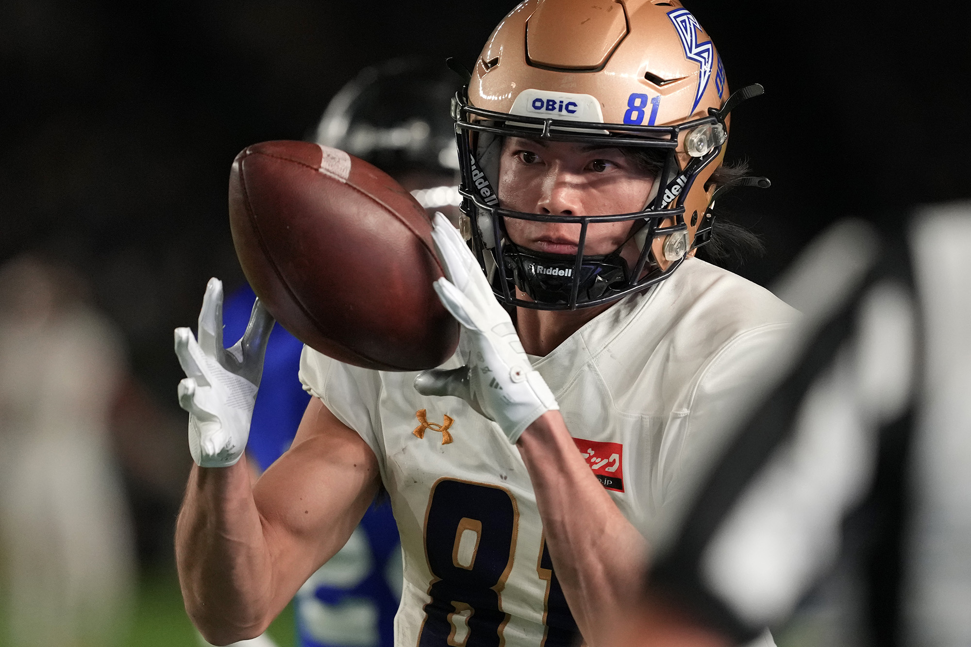 試合唯一のTDをレシーブを決めたオービックWR佐久間優毅=撮影：北川直樹